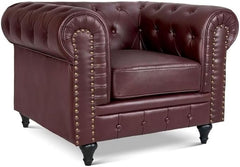 Chesterfield Sofa Suite | Armchair 2 & 3 Seater Sofa Set | Faux Bonded Leather | Foam Seat Cushions | Scroll Arms | Button Studded Back | Living Room