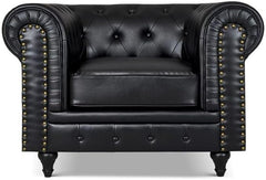 Chesterfield Sofa Suite | Armchair 2 & 3 Seater Sofa Set | Faux Bonded Leather | Foam Seat Cushions | Scroll Arms | Button Studded Back | Living Room