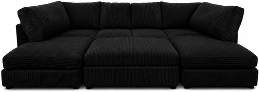 Black - Full Back Jumbo Cord U-Shape Sofa with Footstool