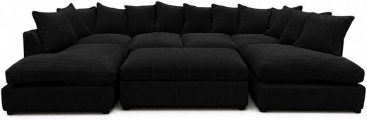 Black - Scatter Back Jumbo Cord U-Shape Sofa with Footstool