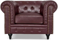 Chesterfield Sofa Suite | Armchair 2 & 3 Seater Sofa Set | Faux Bonded Leather | Foam Seat Cushions | Scroll Arms | Button Studded Back | Living Room