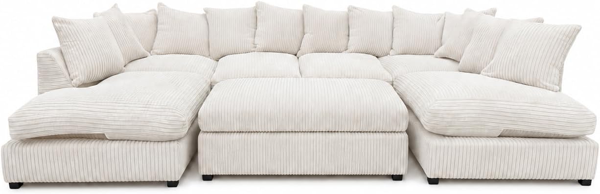 Cream - Scatter Back Jumbo Cord U-Shape Sofa with Footstool