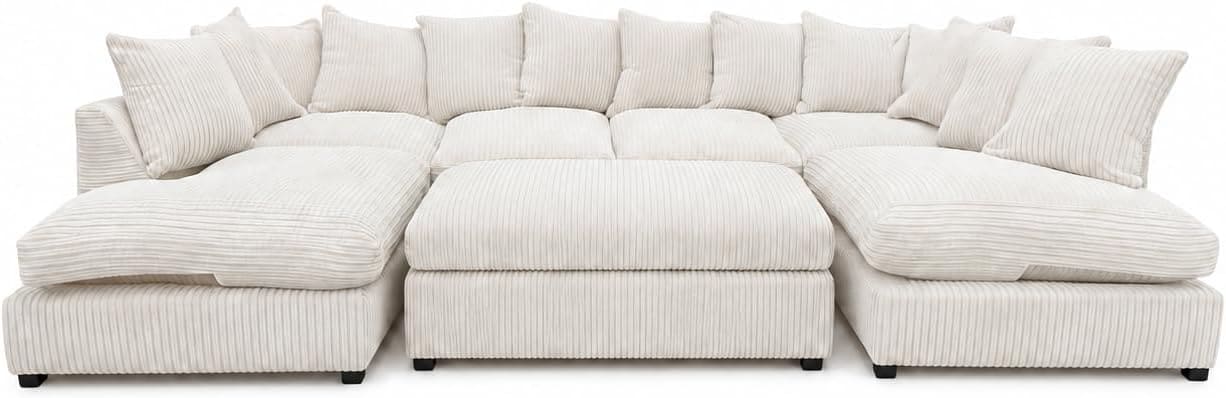 Cream - Scatter Back Jumbo Cord U-Shape Sofa with Footstool