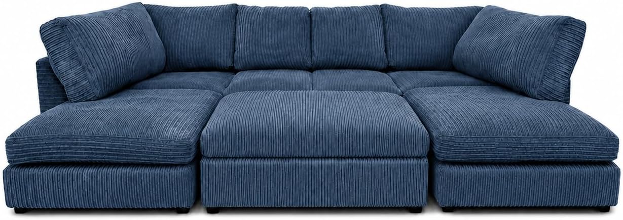 Blue - Full Back Jumbo Cord U-Shape Sofa with Footstool