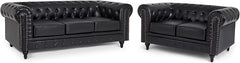 Chesterfield Sofa Set | 2 & 3 Seater Suite | Faux Bonded Leather | Foam Seat Cushions | Scroll Arms | Button Studded Back | Living Room|