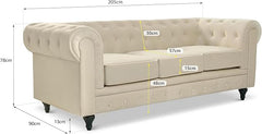 Velvet Chesterfield Sofa | 3 Seater Settee | Soft Plush Fabric | Foam Seat Cushions | Scroll Arms | Button Studded Back | Living Room Bedroom Conservatory | 205x90x78cm
