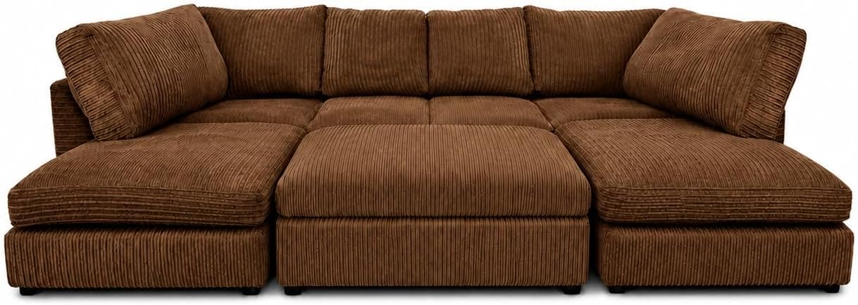 Brown - Full Back Jumbo Cord U-Shape Sofa with Footstool