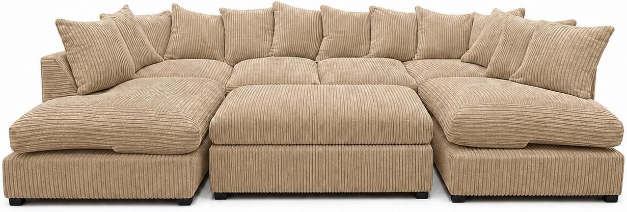 Beige - Scatter Back Jumbo Cord U-Shape Sofa with Footstool