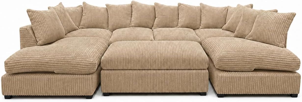 Beige - Scatter Back Jumbo Cord U-Shape Sofa with Footstool