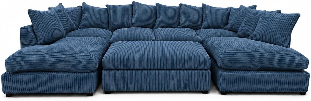 Blue - Scatter Back Jumbo Cord U-Shape Sofa with Footstool
