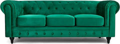 Velvet Chesterfield Sofa | 3 Seater Settee | Soft Plush Fabric | Foam Seat Cushions | Scroll Arms | Button Studded Back | Living Room Bedroom Conservatory | 205x90x78cm