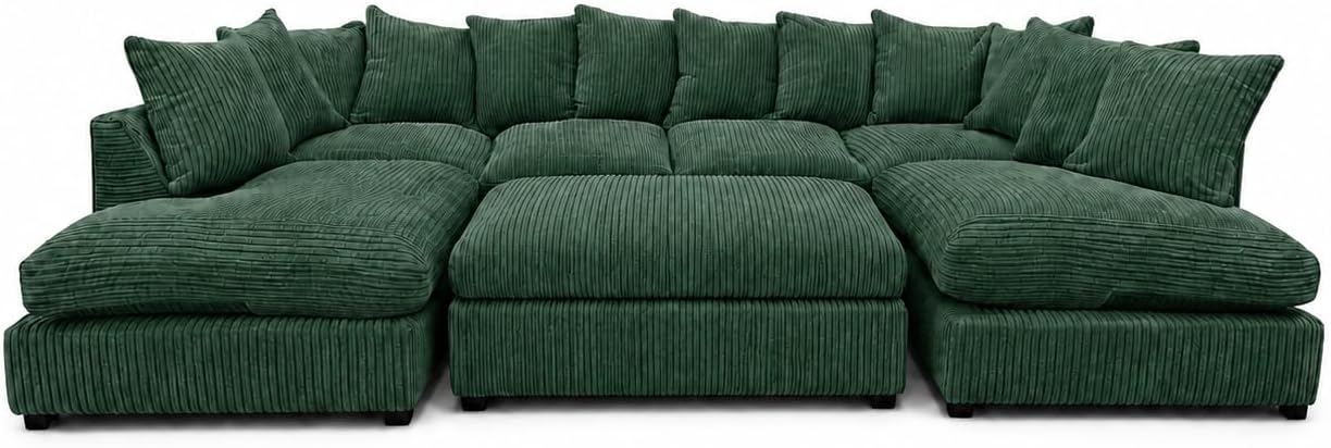 Green - Scatter Back Jumbo Cord U-Shape Sofa with Footstool