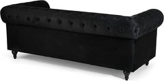 Velvet Chesterfield Sofa | 3 Seater Settee | Soft Plush Fabric | Foam Seat Cushions | Scroll Arms | Button Studded Back | Living Room Bedroom Conservatory | 205x90x78cm
