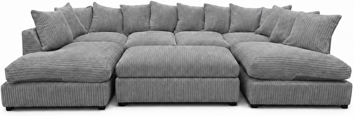 Grey - Scatter Back Jumbo Cord U-Shape Sofa with Footstool