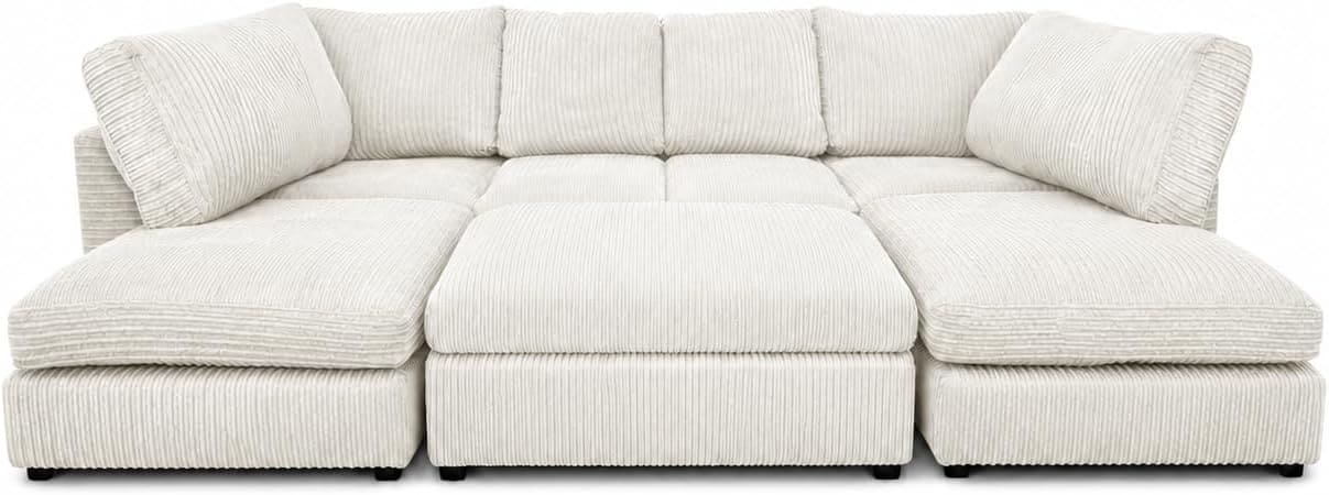 Cream - Full Back Jumbo Cord U-Shape Sofa with Footstool