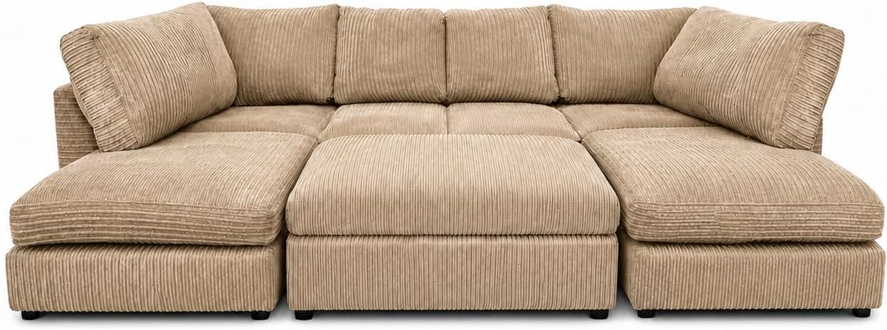 Beige - Full Back Jumbo Cord U-Shape Sofa with Footstool