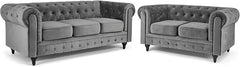 Velvet Chesterfield Sofa Set | 2 & 3 Seater Suite | Soft Plush Fabric | Foam Seat Cushions | Scroll Arms | Button Studded Back | Living Room |