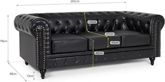 Chesterfield Sofa | 3 Seater Settee | Faux Bonded Leather | Foam Seat Cushions | Scroll Arms | Button Studded Back | Living Room Bedroom Conservatory | 205x90x78cm