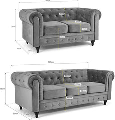 Velvet Chesterfield Sofa Set | 2 & 3 Seater Suite | Soft Plush Fabric | Foam Seat Cushions | Scroll Arms | Button Studded Back | Living Room |
