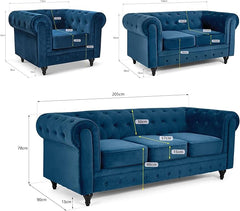 Velvet Chesterfield Sofa Suite | Armchair 2 & 3 Seater Sofa Set | Soft Plush Fabric | Foam Seat Cushions | Scroll Arms | Button Studded Back | Living Room |