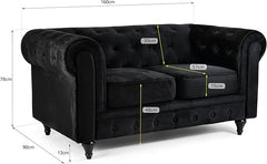 Velvet Chesterfield Sofa | 2 Seater Settee | Soft Plush Fabric | Foam Seat Cushions | Scroll Arms | Button Studded Back | Living Room Bedroom Conservatory|160x90x78cm|