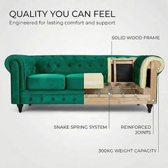 Velvet Chesterfield Sofa | 3 Seater Settee | Soft Plush Fabric | Foam Seat Cushions | Scroll Arms | Button Studded Back | Living Room Bedroom Conservatory | 205x90x78cm