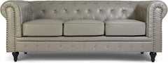 Chesterfield Sofa | 3 Seater Settee | Faux Bonded Leather | Foam Seat Cushions | Scroll Arms | Button Studded Back | Living Room Bedroom Conservatory | 205x90x78cm