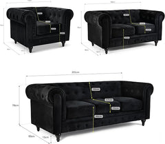Velvet Chesterfield Sofa Suite | Armchair 2 & 3 Seater Sofa Set | Soft Plush Fabric | Foam Seat Cushions | Scroll Arms | Button Studded Back | Living Room |