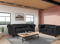 Chesterfield Sofa Set | 2 & 3 Seater Suite | Faux Bonded Leather | Foam Seat Cushions | Scroll Arms | Button Studded Back | Living Room|