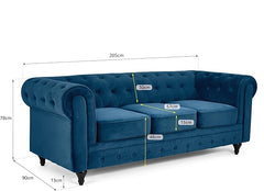 Velvet Chesterfield Sofa | 3 Seater Settee | Soft Plush Fabric | Foam Seat Cushions | Scroll Arms | Button Studded Back | Living Room Bedroom Conservatory | 205x90x78cm