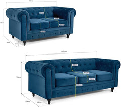 Velvet Chesterfield Sofa Set | 2 & 3 Seater Suite | Soft Plush Fabric | Foam Seat Cushions | Scroll Arms | Button Studded Back | Living Room |