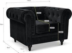 Velvet Chesterfield Armchair | Single Seater | Soft Plush Fabric | Foam Cushion | Scroll Arms | Button Back | Living Room Bedroom | 110x90x78cm