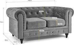 Velvet Chesterfield Sofa | 2 Seater Settee | Soft Plush Fabric | Foam Seat Cushions | Scroll Arms | Button Studded Back | Living Room Bedroom Conservatory|160x90x78cm|