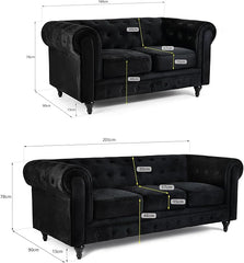 Velvet Chesterfield Sofa Set | 2 & 3 Seater Suite | Soft Plush Fabric | Foam Seat Cushions | Scroll Arms | Button Studded Back | Living Room |
