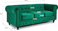 Velvet Chesterfield Sofa | 3 Seater Settee | Soft Plush Fabric | Foam Seat Cushions | Scroll Arms | Button Studded Back | Living Room Bedroom Conservatory | 205x90x78cm
