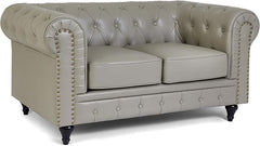 Chesterfield Sofa | 2 Seater Settee | Faux Bonded Leather | Foam Seat Cushions | Scroll Arms | Button Studded Back | Living Room Bedroom Conservatory | 160x90x78cm