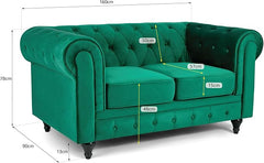 Velvet Chesterfield Sofa | 2 Seater Settee | Soft Plush Fabric | Foam Seat Cushions | Scroll Arms | Button Studded Back | Living Room Bedroom Conservatory|160x90x78cm|