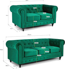 Velvet Chesterfield Sofa Set | 2 & 3 Seater Suite | Soft Plush Fabric | Foam Seat Cushions | Scroll Arms | Button Studded Back | Living Room |