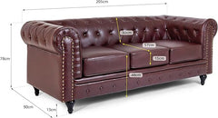 Chesterfield Sofa | 3 Seater Settee | Faux Bonded Leather | Foam Seat Cushions | Scroll Arms | Button Studded Back | Living Room Bedroom Conservatory | 205x90x78cm