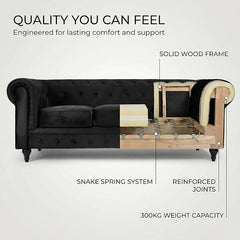 Velvet Chesterfield Sofa | 3 Seater Settee | Soft Plush Fabric | Foam Seat Cushions | Scroll Arms | Button Studded Back | Living Room Bedroom Conservatory | 205x90x78cm