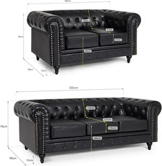 Chesterfield Sofa Set | 2 & 3 Seater Suite | Faux Bonded Leather | Foam Seat Cushions | Scroll Arms | Button Studded Back | Living Room|