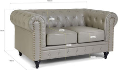 Chesterfield Sofa | 2 Seater Settee | Faux Bonded Leather | Foam Seat Cushions | Scroll Arms | Button Studded Back | Living Room Bedroom Conservatory | 160x90x78cm