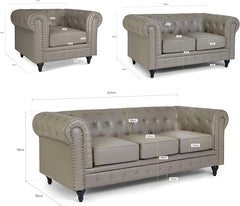 Chesterfield Sofa Suite | Armchair 2 & 3 Seater Sofa Set | Faux Bonded Leather | Foam Seat Cushions | Scroll Arms | Button Studded Back | Living Room