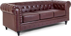 Chesterfield Sofa | 3 Seater Settee | Faux Bonded Leather | Foam Seat Cushions | Scroll Arms | Button Studded Back | Living Room Bedroom Conservatory | 205x90x78cm