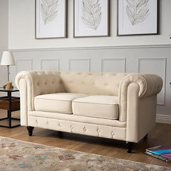 Velvet Chesterfield Sofa | 2 Seater Settee | Soft Plush Fabric | Foam Seat Cushions | Scroll Arms | Button Studded Back | Living Room Bedroom Conservatory|160x90x78cm|