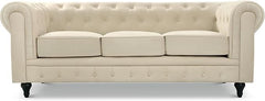 Velvet Chesterfield Sofa | 3 Seater Settee | Soft Plush Fabric | Foam Seat Cushions | Scroll Arms | Button Studded Back | Living Room Bedroom Conservatory | 205x90x78cm