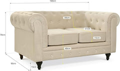 Velvet Chesterfield Sofa | 2 Seater Settee | Soft Plush Fabric | Foam Seat Cushions | Scroll Arms | Button Studded Back | Living Room Bedroom Conservatory|160x90x78cm|