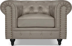 Chesterfield Sofa Suite | Armchair 2 & 3 Seater Sofa Set | Faux Bonded Leather | Foam Seat Cushions | Scroll Arms | Button Studded Back | Living Room