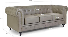 Chesterfield Sofa | 3 Seater Settee | Faux Bonded Leather | Foam Seat Cushions | Scroll Arms | Button Studded Back | Living Room Bedroom Conservatory | 205x90x78cm