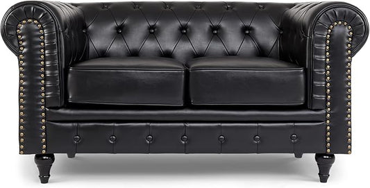 Chesterfield Sofa Set | 2 & 3 Seater Suite | Faux Bonded Leather | Foam Seat Cushions | Scroll Arms | Button Studded Back | Living Room|